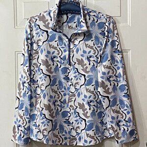 NEW Chico's Womens Sz 3 (XL) 1/4 Zip Top Long Sleeve Mock Neck Floral White/Blue